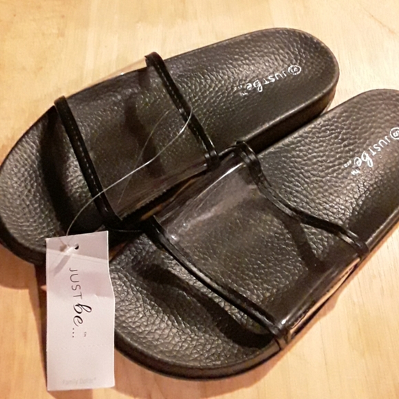 JUST  BE Shoes - NEW , JUST  BE, BLACK W/CLEAR  SOCCER SLIDE  SHOES